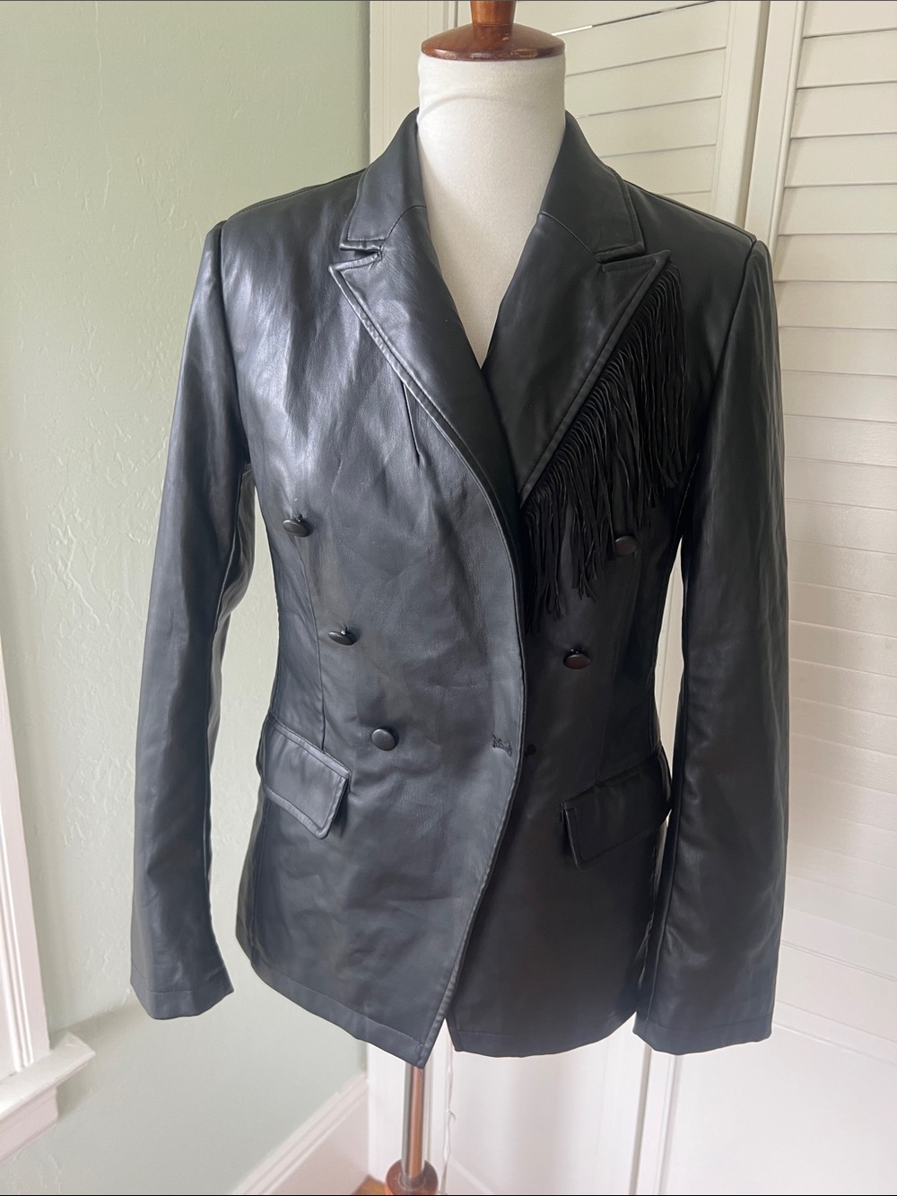 Sam Edelman Faux Leather Double-Breasted Blazer with Fringe